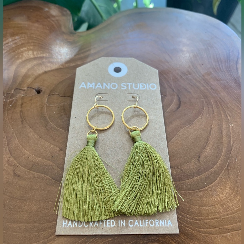Gold hoop and olive tassel earrings